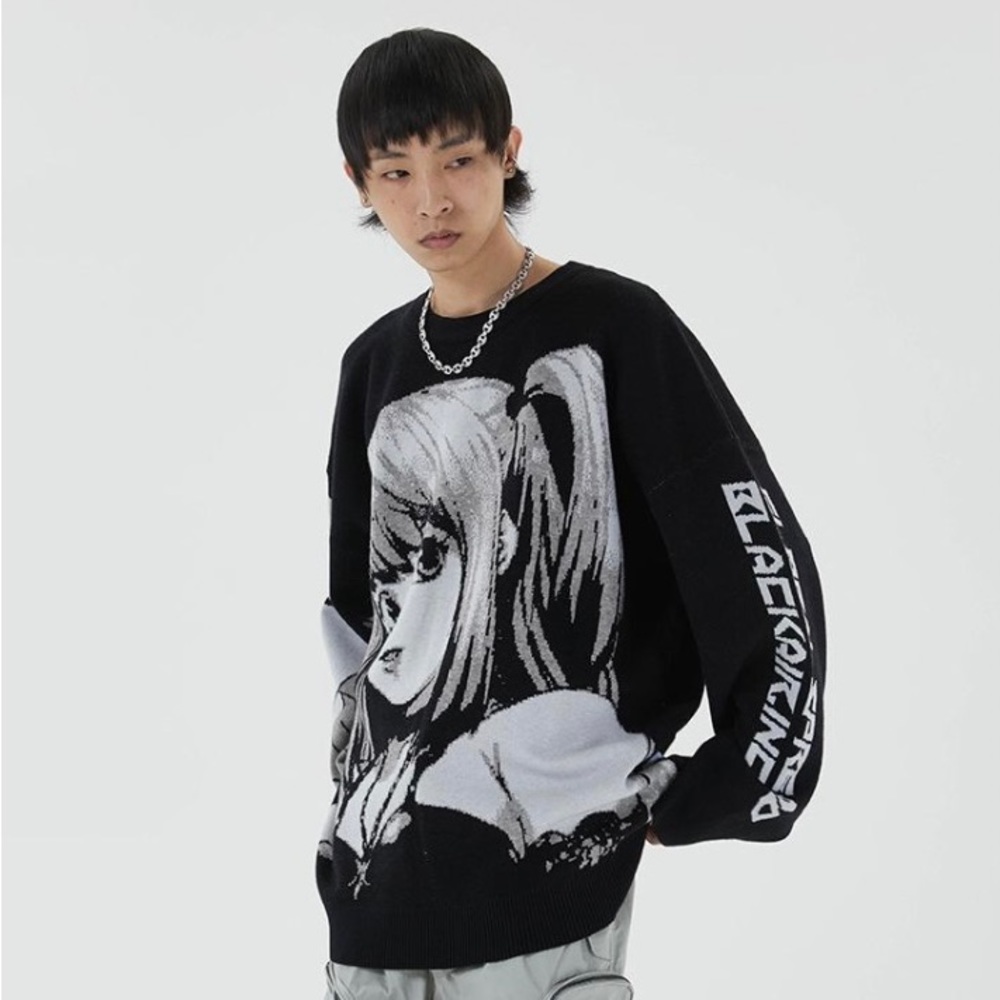 Black Air Unisex Size Large Black & White Knit Anime Crewneck Sweater